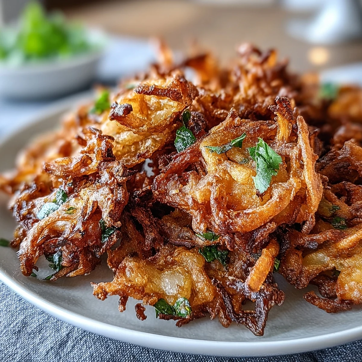 Spiced onion bhajis cooked in the air fryer until crunchy, served hot with chutney for a flavorful vegan appetizer.