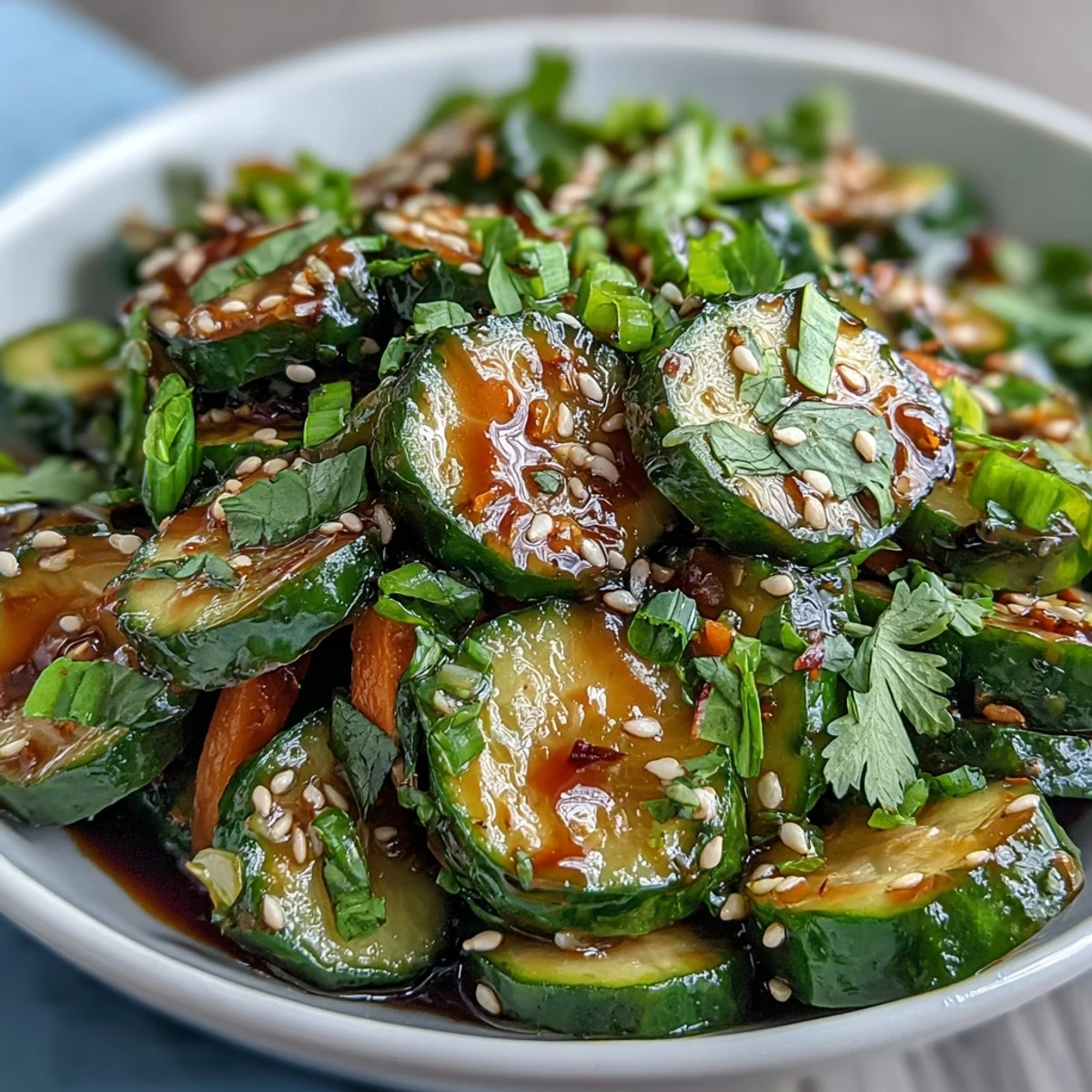 A vibrant Asian sesame cucumber salad with soy dressing, featuring crisp cucumber slices and aromatic sesame seeds.