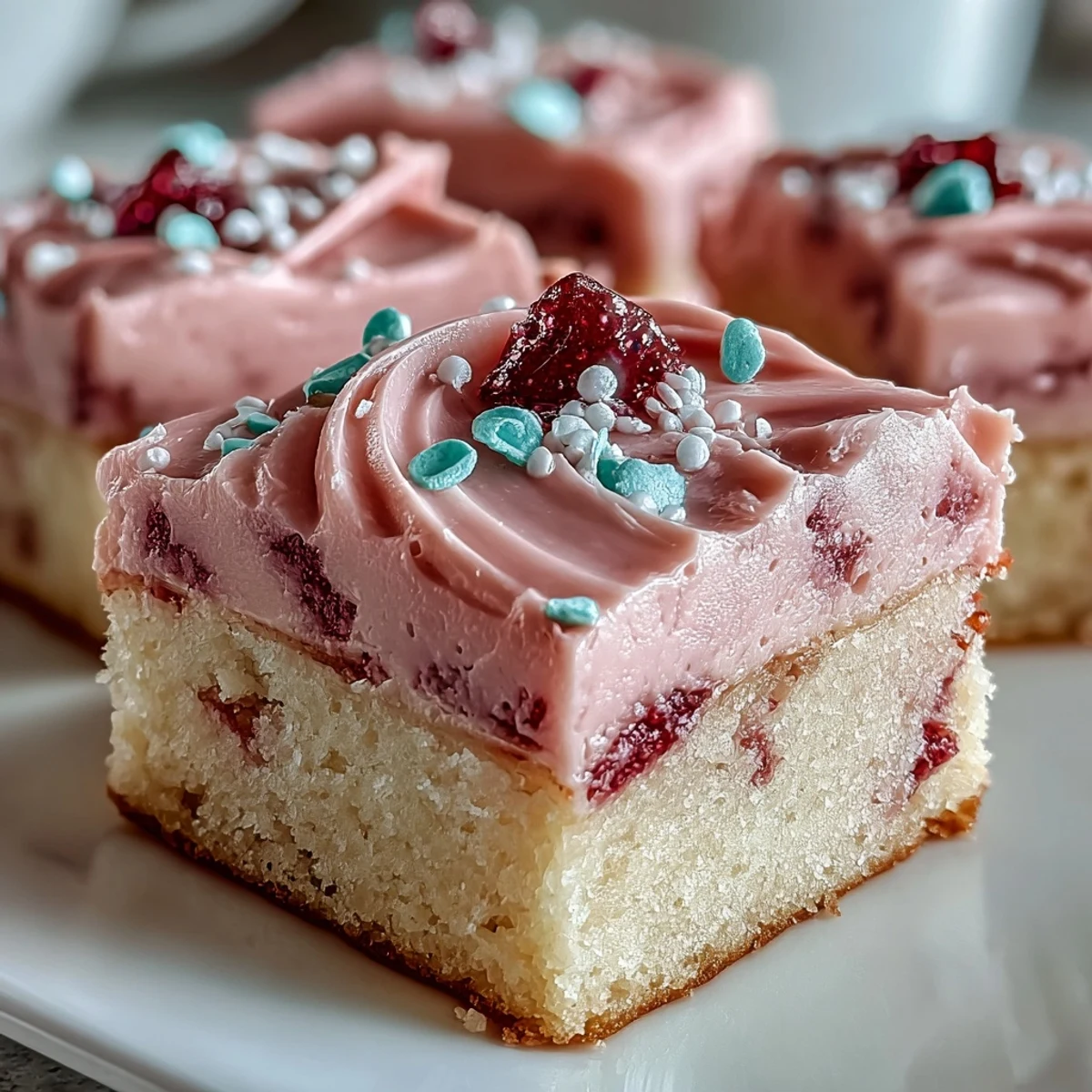 Soft sugar cookie bars topped with creamy strawberry frosting, perfect for Valentine's Day celebrations.