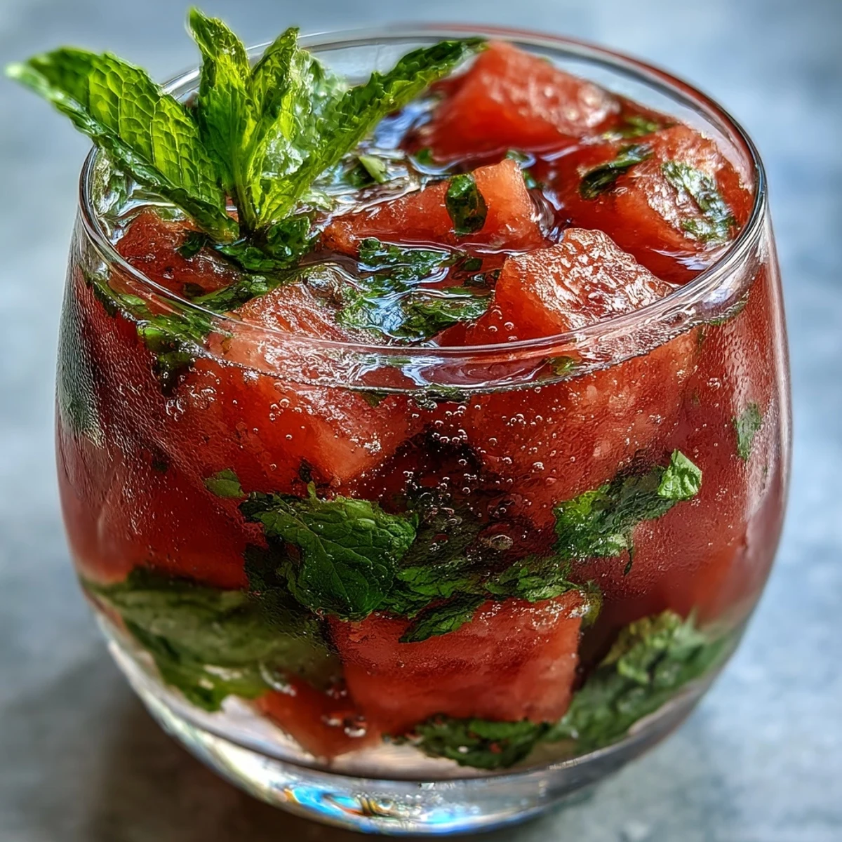 Refreshing watermelon mint infused water with juicy cubes and aromatic mint leaves in a clear glass pitcher, perfect for summer hydration.