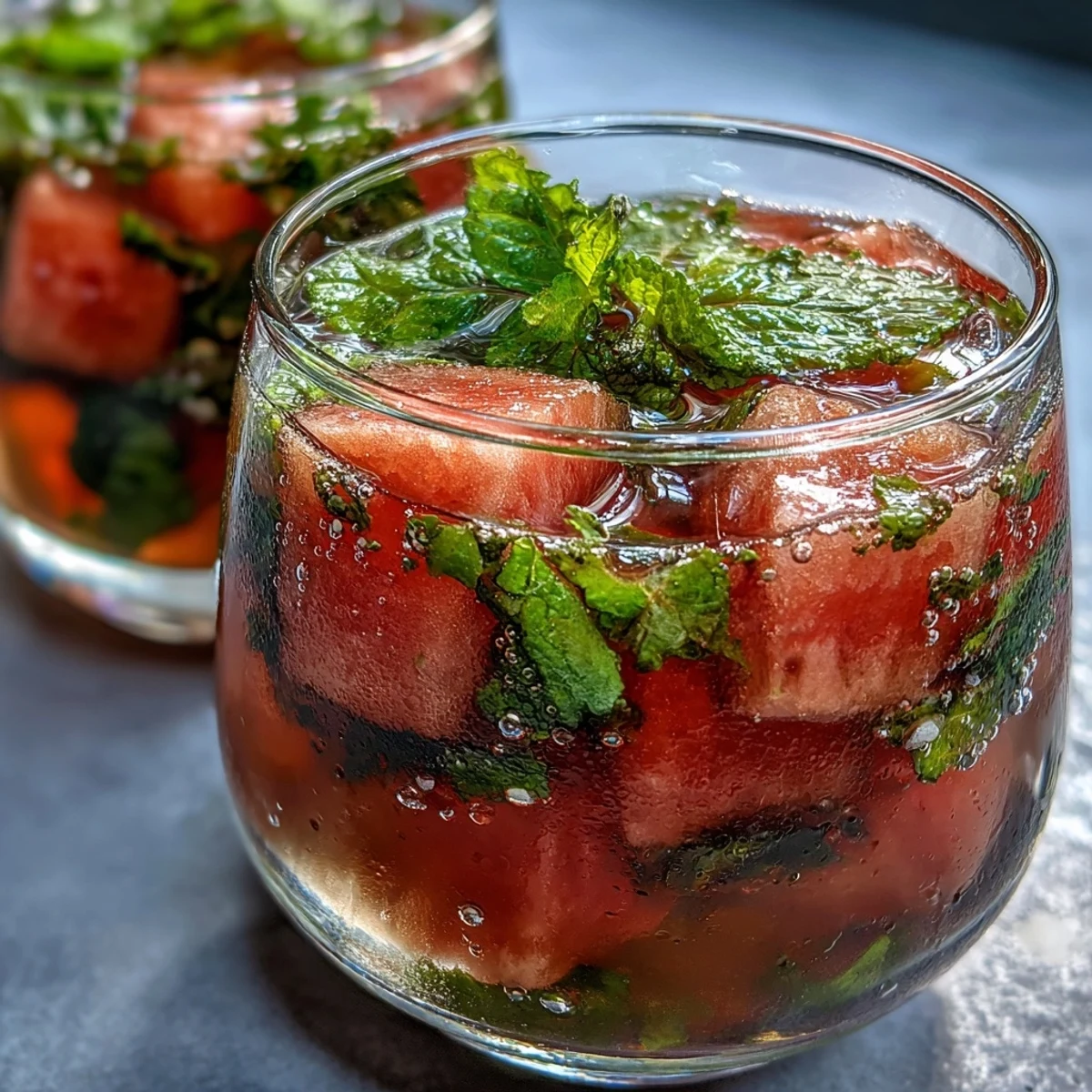 Hydrating watermelon mint infused water served over ice with a garnish of mint, offering a cooling and flavorful beverage option.