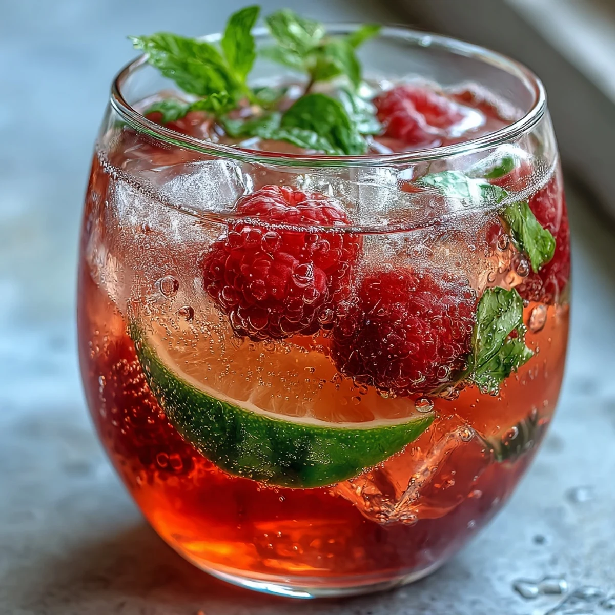 Vibrant Raspberry Lime Spritz cocktail with fresh raspberries, zesty lime slices, and sparkling water in a chilled glass, garnished with mint.