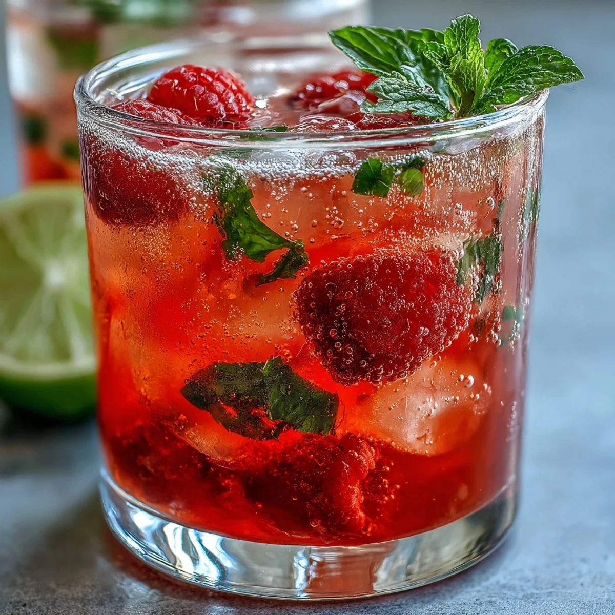 Refreshing Raspberry Lime Spritz mocktail featuring muddled raspberries, lime wedges, and club soda, perfect for a light and fruity non-alcoholic drink.