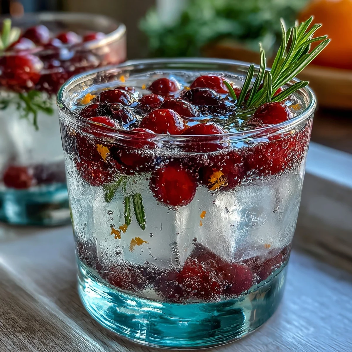Refreshing cranberry orange sparkler with fresh rosemary sprigs, garnished with citrus slices and berries.  