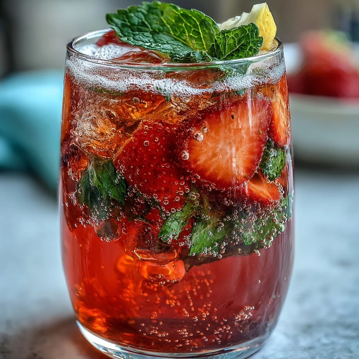 Vibrant sparkling strawberry mocktail with fresh strawberries, citrus, and mint, served over ice for a refreshing spring drink.