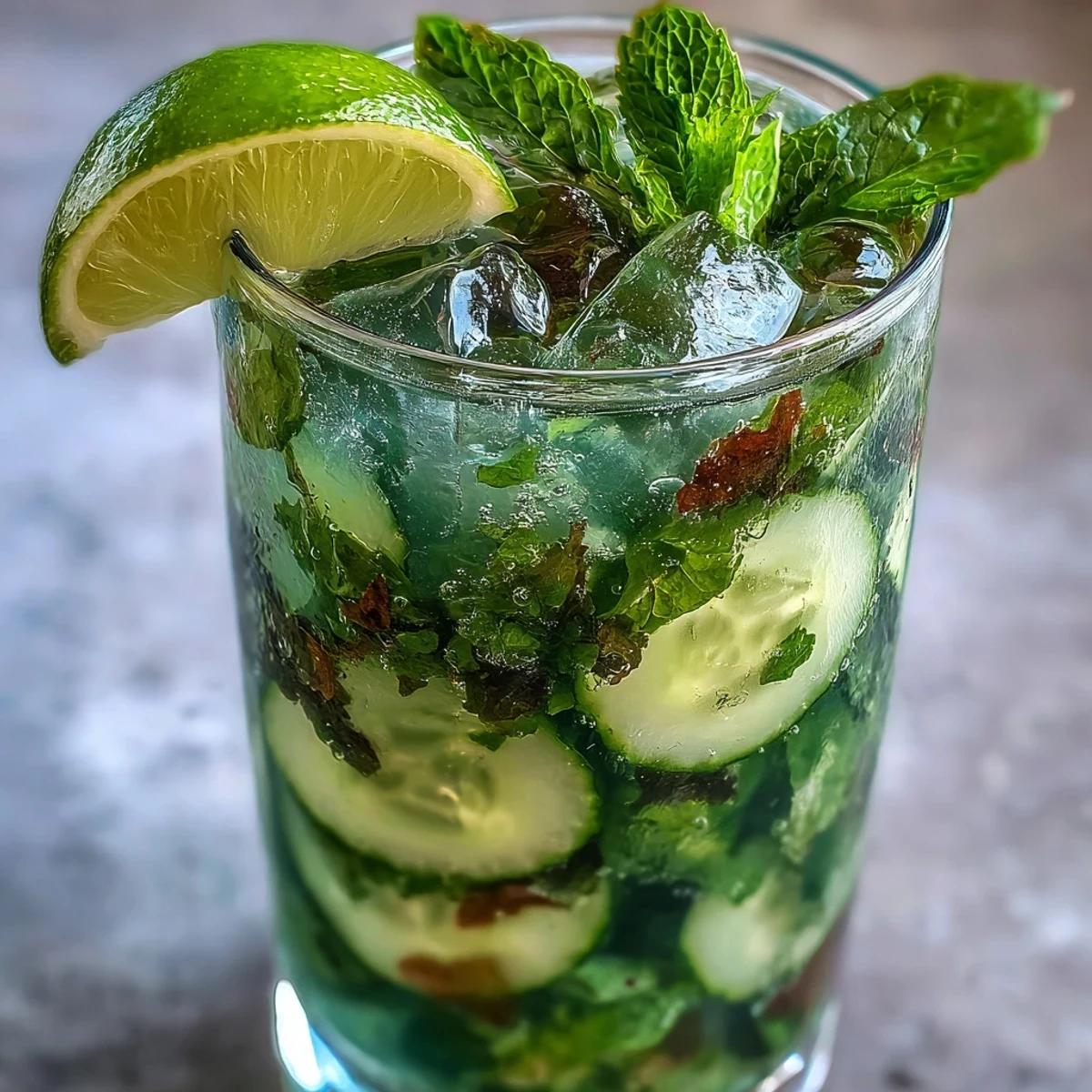 Crisp, alcohol-free mojito featuring muddled cucumber, lime, and mint, served over ice with sparkling water for a vibrant green drink.