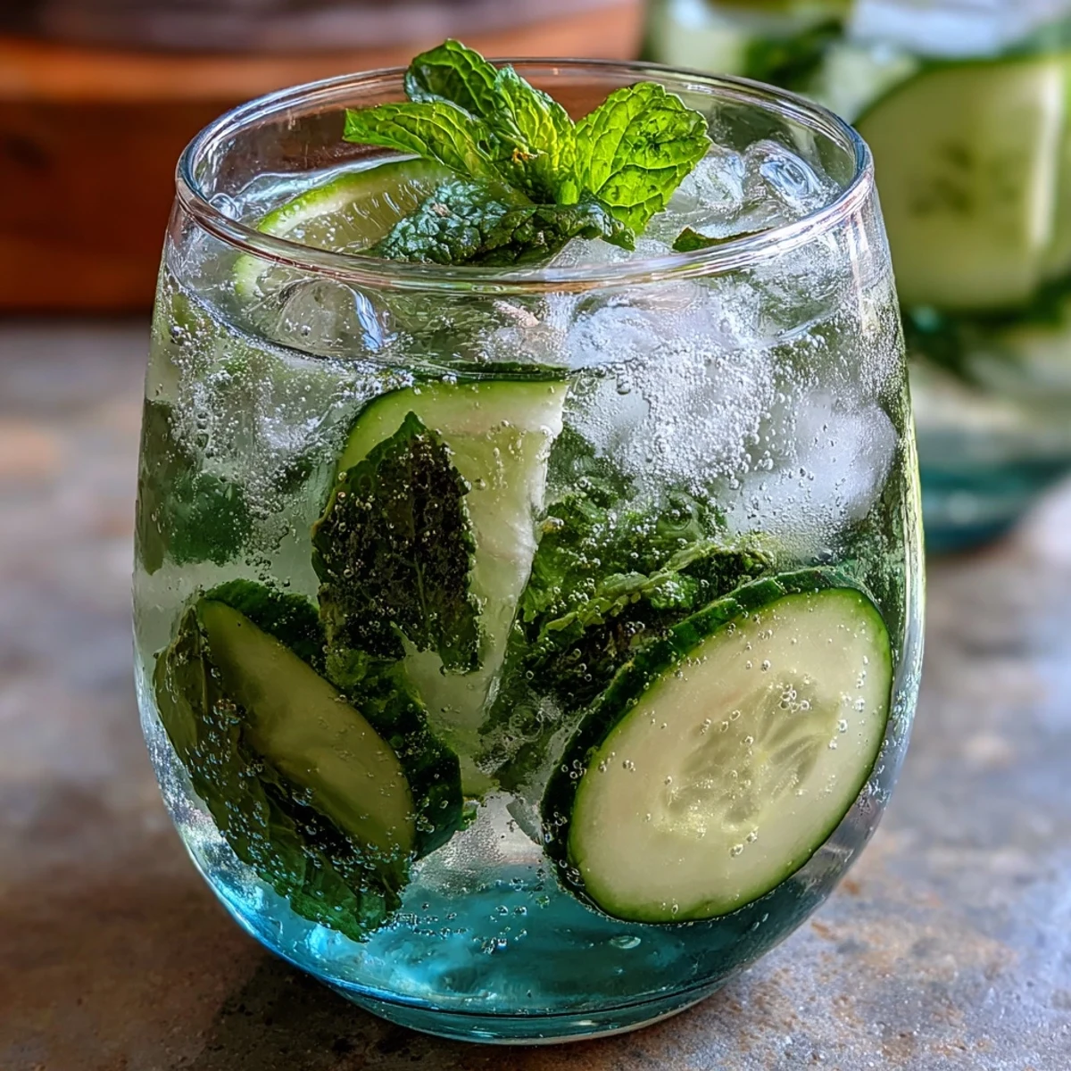 Crisp, chilled cucumber mint refresher with sparkling water and lime, a light and invigorating drink for hot days.