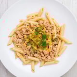 A close-up of the delicious Turkish Pasta with Ground Turkey showing the creamy yogurt and spiced meat.