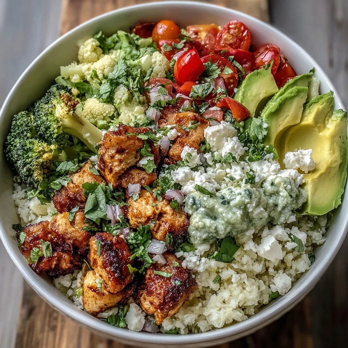 Healthy Cauliflower Rice Bowl featuring vibrant bell peppers and fresh cherry tomatoes on top.