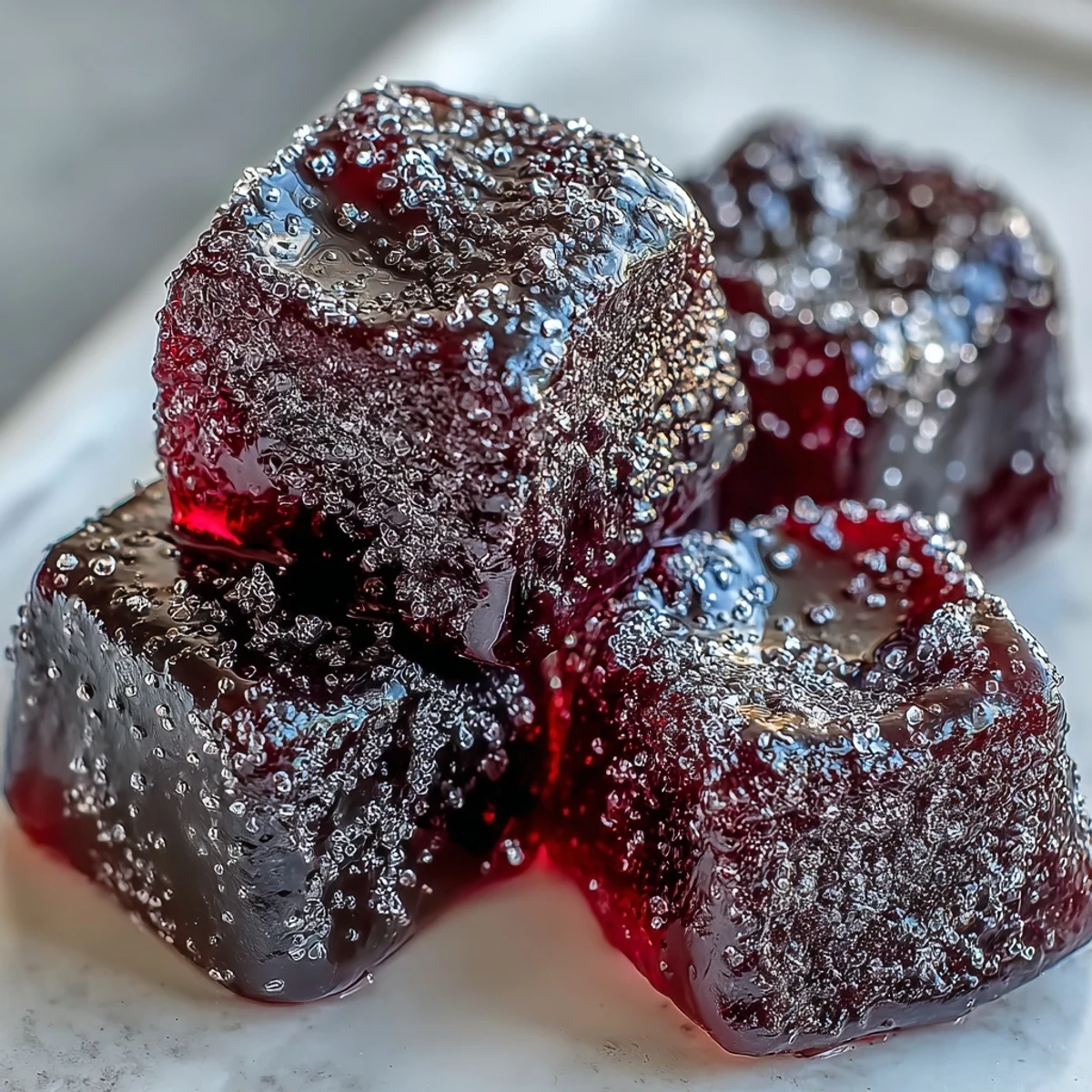 Black Currant Gummies glistening with sugar, perfect for a gluten-free candy platter or snack.