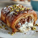 Golden croissant French toast stuffed with dark chocolate and topped with crushed pistachios, inspired by Dubai's opulent flavors.