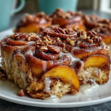 Warm cinnamon swirl Peach Cobbler Cinnamon Roll Casserole, bursting with fruit.