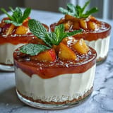 Luscious Peach Bellini Jello Cheesecake Cups with a sparkling prosecco twist.