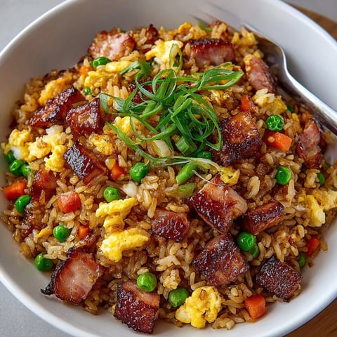 Golden, glistening Rebel Float Root Beer Honey Ham Fried Rice, served hot with scattered green onions.