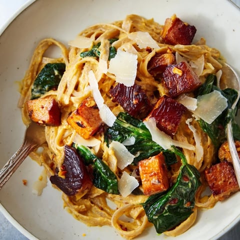 Creamy pumpkin pasta with roasted maple beets, perfect for cozy autumn dinners.  