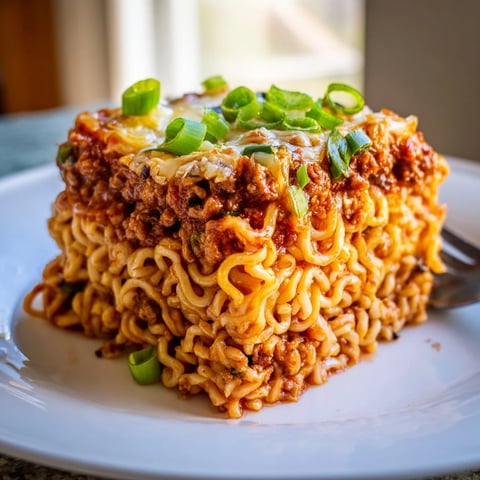 Spicy Ramen Lasagna layered with spicy pork and creamy cheese, perfect for dinner.  
