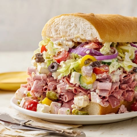 Vibrant Flavor Mash-Up Sandwiches piled high with Italian meats and fresh veggies.  