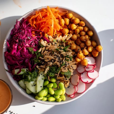Colorful ASMR Crunch Snack Bowls filled with fresh veggies and savory toppings.  