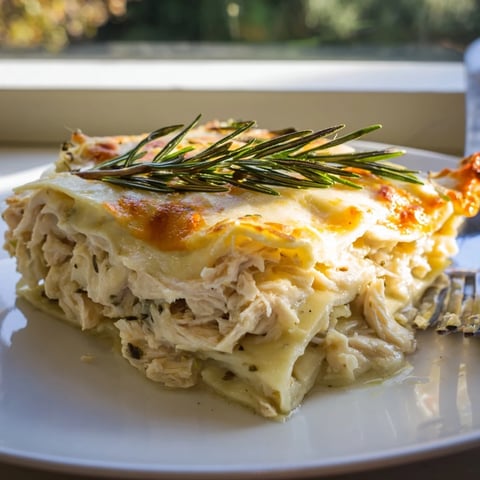 Savory rosemary chicken lasagna layered with creamy béchamel and melted mozzarella.  