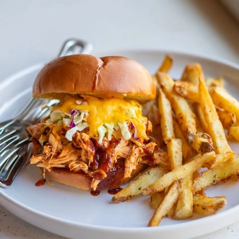 Juicy BBQ chicken sliders served with crispy fries, perfect for gatherings.  