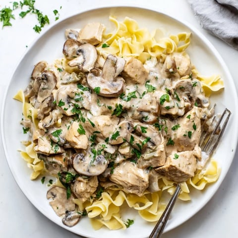 Creamy Chicken Stroganoff served over buttery egg noodles, topped with fresh parsley.  