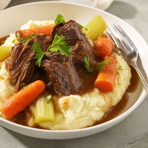 Tender Slow Cooker Pot Roast with mashed potatoes, offering a comforting, homestyle American meal.