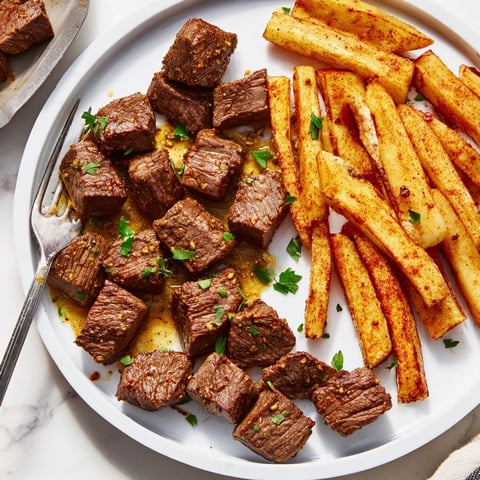 Blackened Cajun Steak Bites with perfectly seared edges, served alongside a pile of golden, crispy fries.