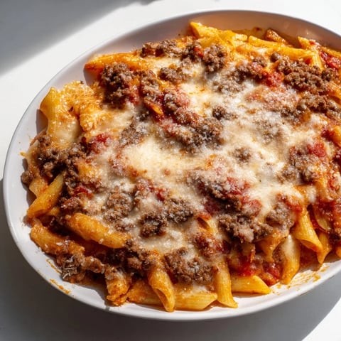 Bubbling, cheesy Beef & Penne Bake with a golden crust, ready to enjoy for dinner.