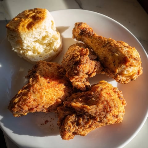 Golden-brown Southern Fried Chicken served with warm, fluffy buttermilk biscuits ready to eat.