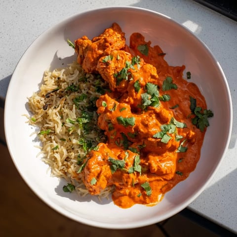 Butter Chicken with vibrant tomato sauce, served alongside fluffy, fragrant basmati rice pilaf.