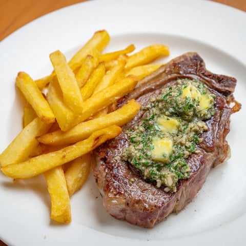 Sizzling Steakhouse Garlic Butter Steak & Fries, a juicy steak resting on golden fries, rich with garlic butter.