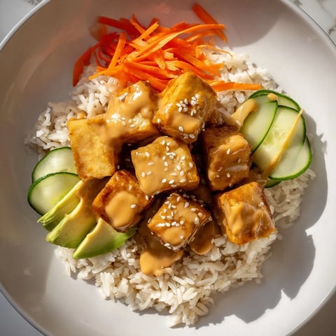 Savory chili-mayo baked tofu bowls, with golden, crispy tofu atop fluffy rice and fresh veggies.
