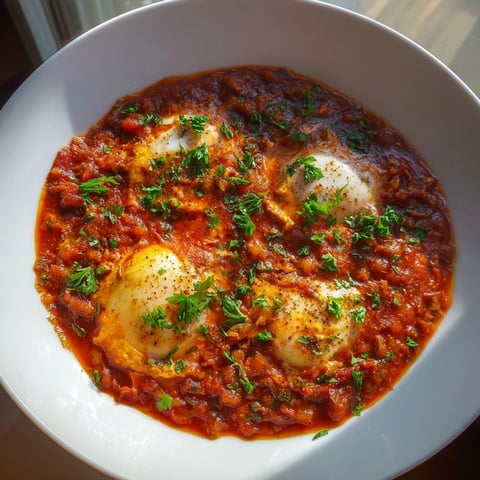 Steaming Shakshuka with vibrant red sauce and perfectly poached eggs ready for dipping bread.