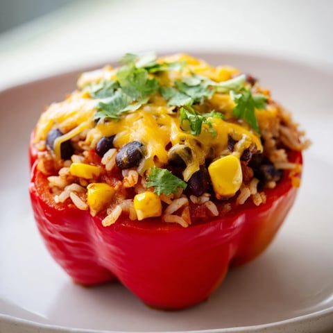 Steaming hot, colorful stuffed bell peppers with melted cheese and savory filling are ready.
