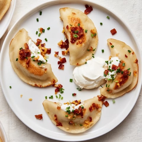 Steaming, golden Loaded Baked Potato Soup Dumplings ready to be devoured, garnished with fresh chives above.