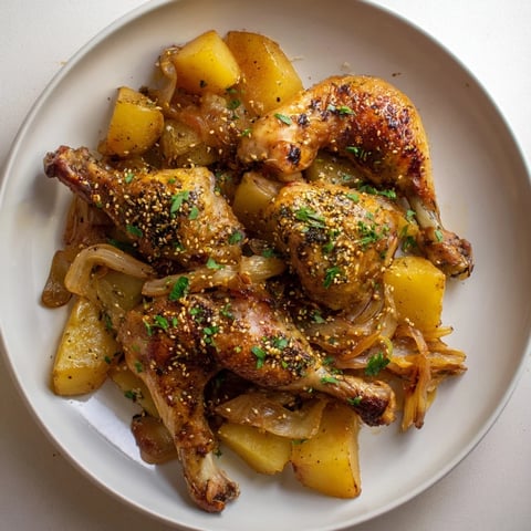 Golden-brown Pan-Roasted Zaatar Chicken and Potatoes, perfectly roasted with crispy skin and tender potatoes.