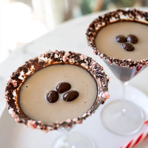Festive Peppermint Espresso Martini in a glass with a chocolate peppermint rim, garnished with coffee beans.
