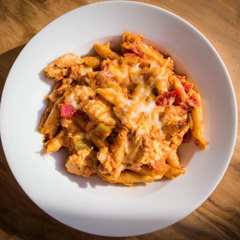 Baked Salsa Chicken Pasta, bubbly and golden, ready to serve with melted cheese and fresh cilantro.