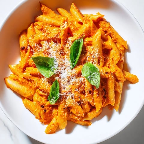 A bowl of 15-Minute Creamy Red Pepper Pasta, swirled with a rich, vibrant sauce and fresh basil.