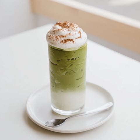Iced Cinnamon Roll Matcha, creamy, refreshing, and topped with protein foam, drizzled for visual appeal.