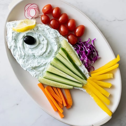 Whimsical Ocean Blue Fish-Shaped Dip Tray, a festive appetizer loaded with colorful, fresh vegetables.