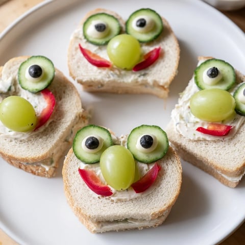 Delicious Prince Charming Froggy Sandwich cutouts with green grape eyes and cherry tomato cheeks.