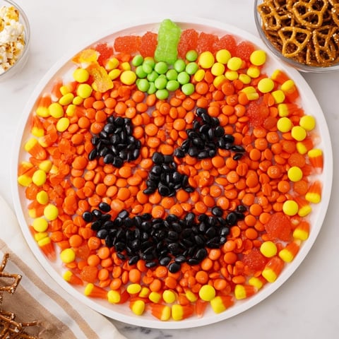 A colorful Jack-o-Lantern Candy Board filled with orange, green, and black candies, ready to eat.