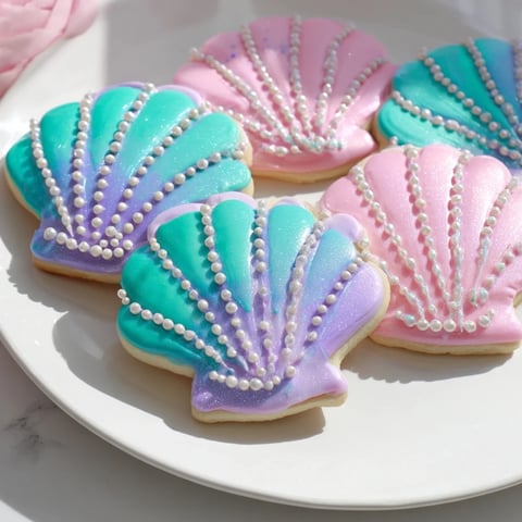Vibrant pastel-colored Seashell Sweets, elegantly iced and sprinkled with edible pearls, ready to enchant guests.