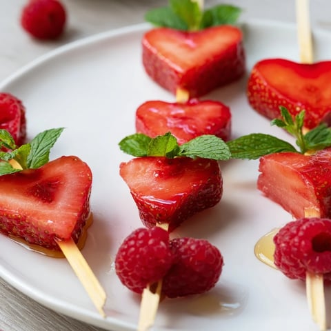 Fresh and vibrant Red Heart Fruit Skewers with strawberries, watermelon and raspberries for a nice dessert.