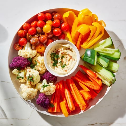 Vibrant rainbow of fresh veggies with creamy dips, perfect for sharing the Rainbow Vegetable Dips.