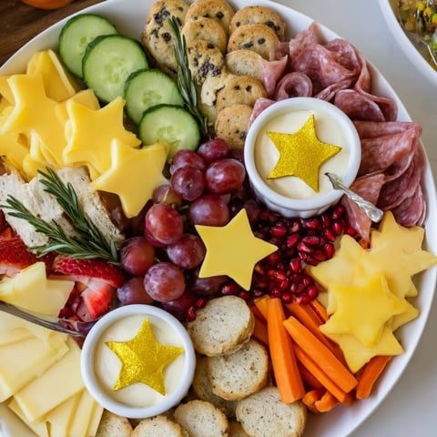 Festive New Year 2026 star board appetizer, brimming with colorful cheeses, meats, and fresh fruits.