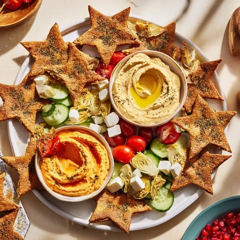 Crispy three kings star pita board, showcasing a festive arrangement of colorful dips and fresh vegetables.