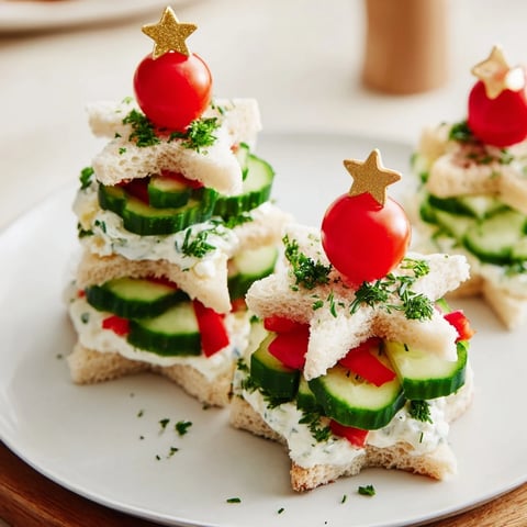Stacked Star Christmas Tree Sandwiches: Festive, layered star sandwiches, each topped with a bright red tomato for the holiday.