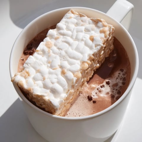 Steaming mug of hot chocolate with a Cozy Bear Marshmallow Bar melting on top; a winter treat.